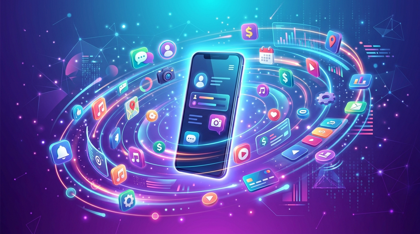 スマートフォンとデジタルマーケティングアイコン