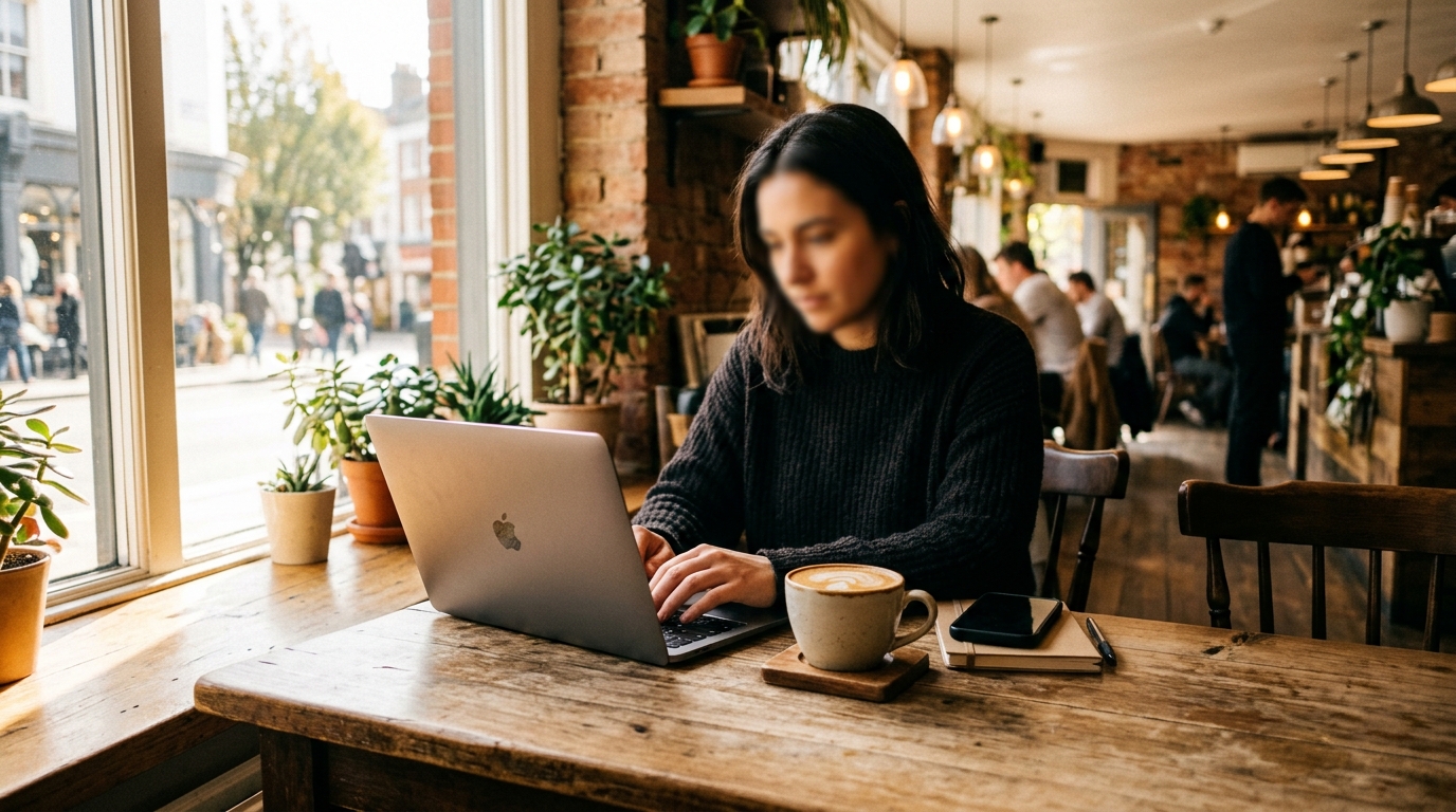 カフェでMacBookを使って副業する女性