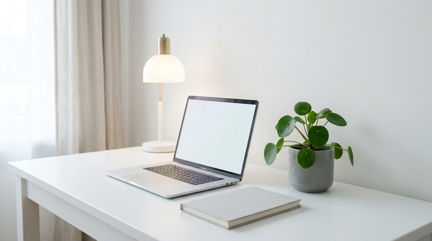 白い清潔感ある自宅デスクでノートパソコンを使う在宅ワーク